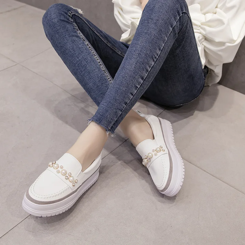 autumn women flat platform shoes new preppy style pearl sewing creeper muffins lazy microfiber slip on anti-skid loafers female | Обувь