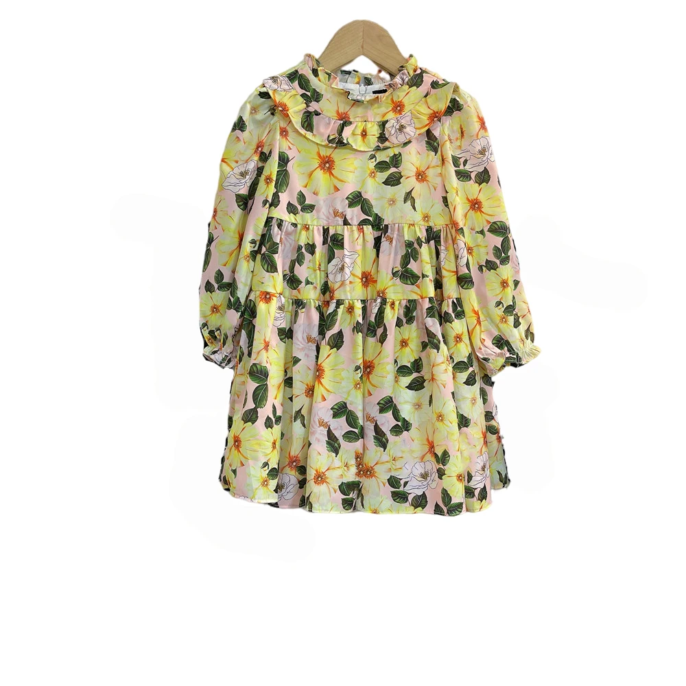 

High end brand girls Chiffon Dress spring style middle and large children's small broken flower skirt children's long sleeve