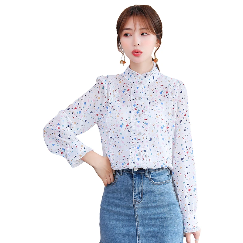 

2021 New Spring Autumn Women Long Sleeve Shirt Korean Sweet Colourful Print Floral Chiffon Shirt Casual Women Tops