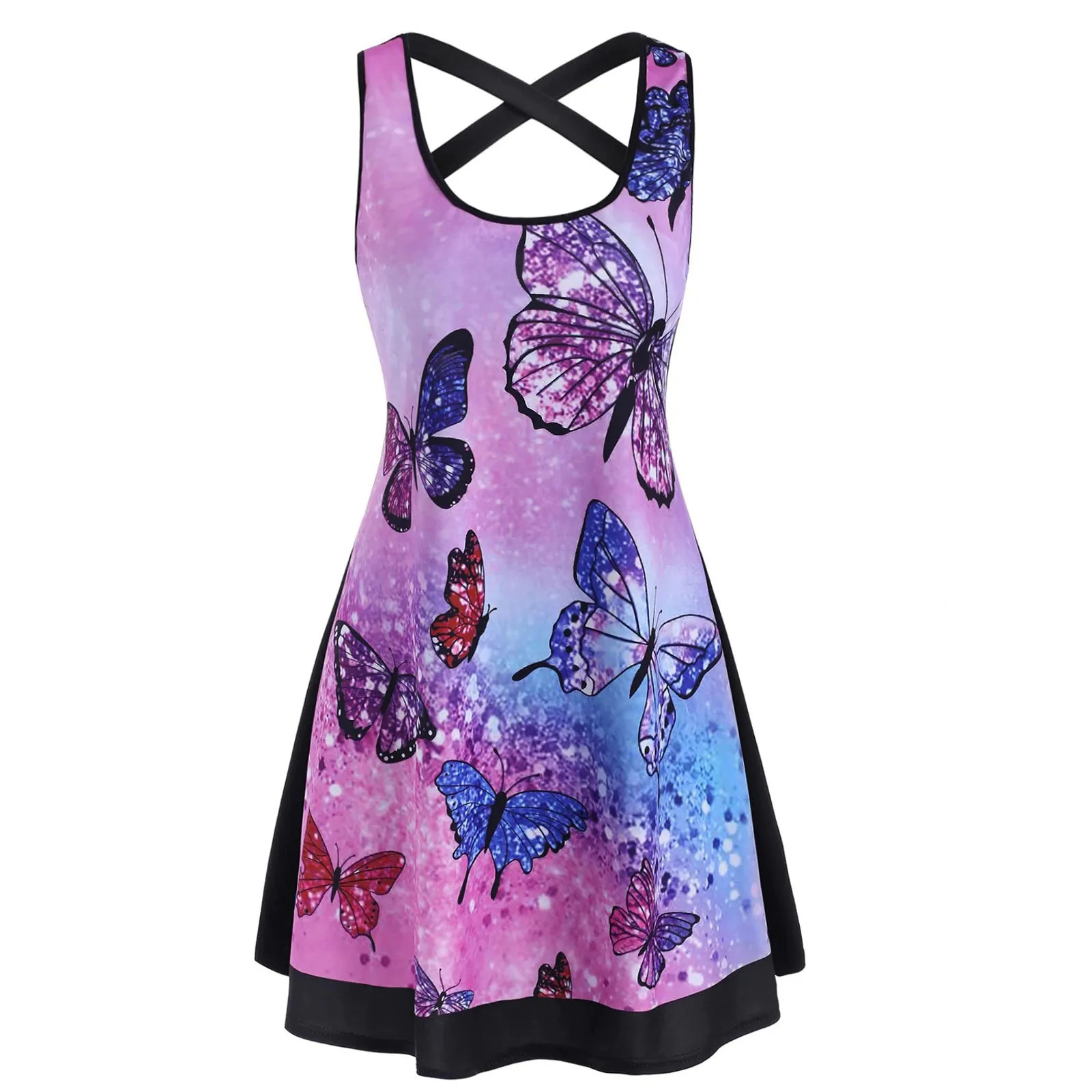 

Rapwriter High Street Women's Casual Mini Dress Plus Size Strap Sheath Dress Glowing Butterfly Print Sleeveless Dress #294
