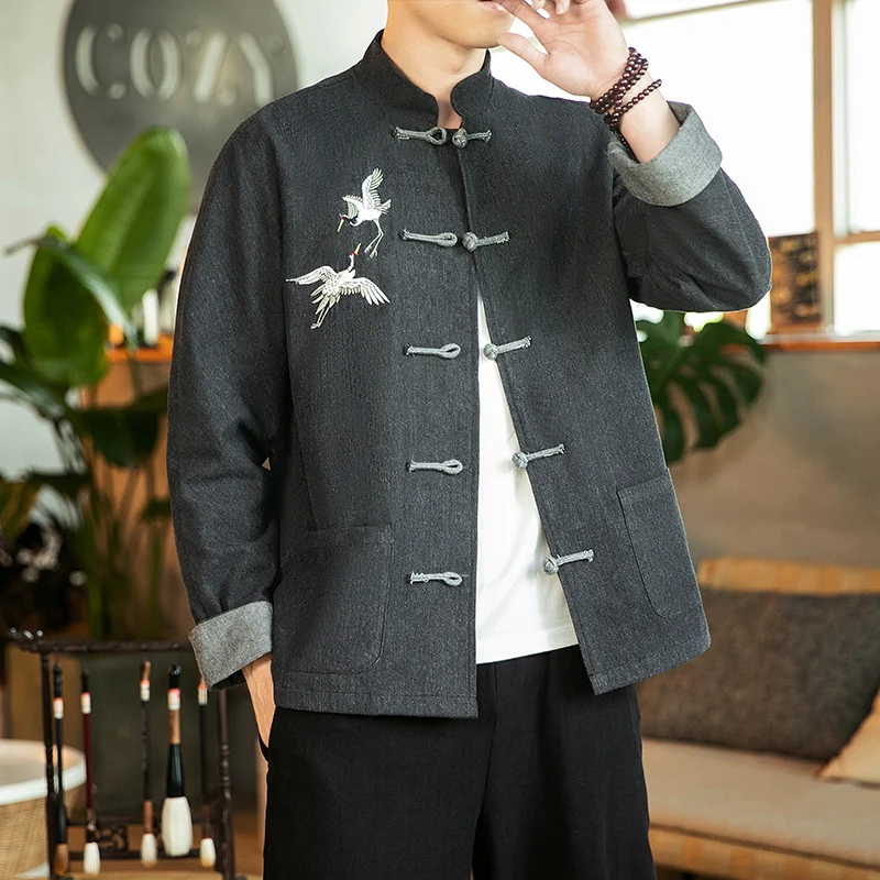 

Мужская джинсовая куртка с вышивкой журавлей, черная винтажная куртка на пуговицах, традиционная одежда в китайском стиле для осени, 2021