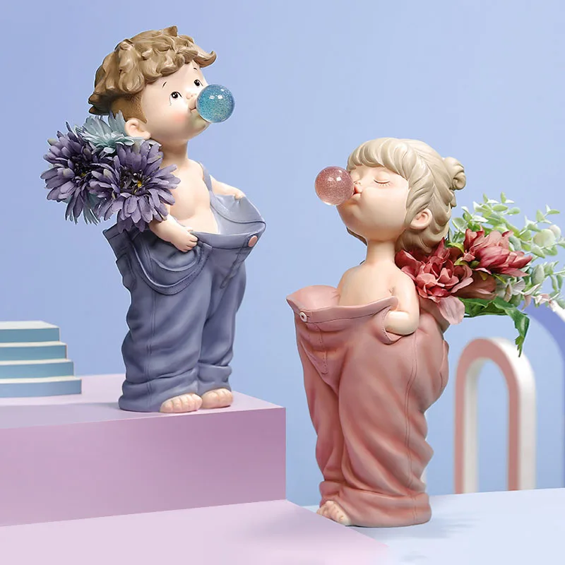 

Home Living Room Decoration Ornament Cartoon Boy Girl Figurines Resin Handicrafts Creative Flower Arrangement Furnishings