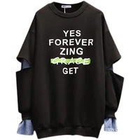 autumn plus size sweatshirts womens o neck pullover denim stitching letter printed yes forever zing grace get top black blue