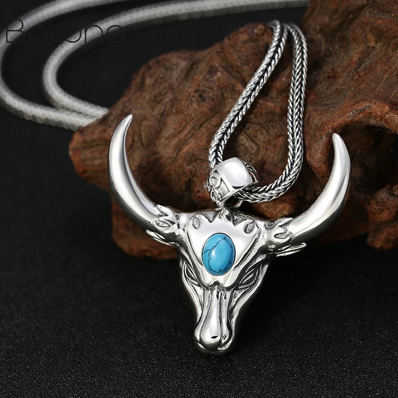 

Men Women Pendant Real 925 Sterling Silver Zodiac Sign Cow Head Inlaid Turquoise Natural Stones Necklace Pendant Jewelry