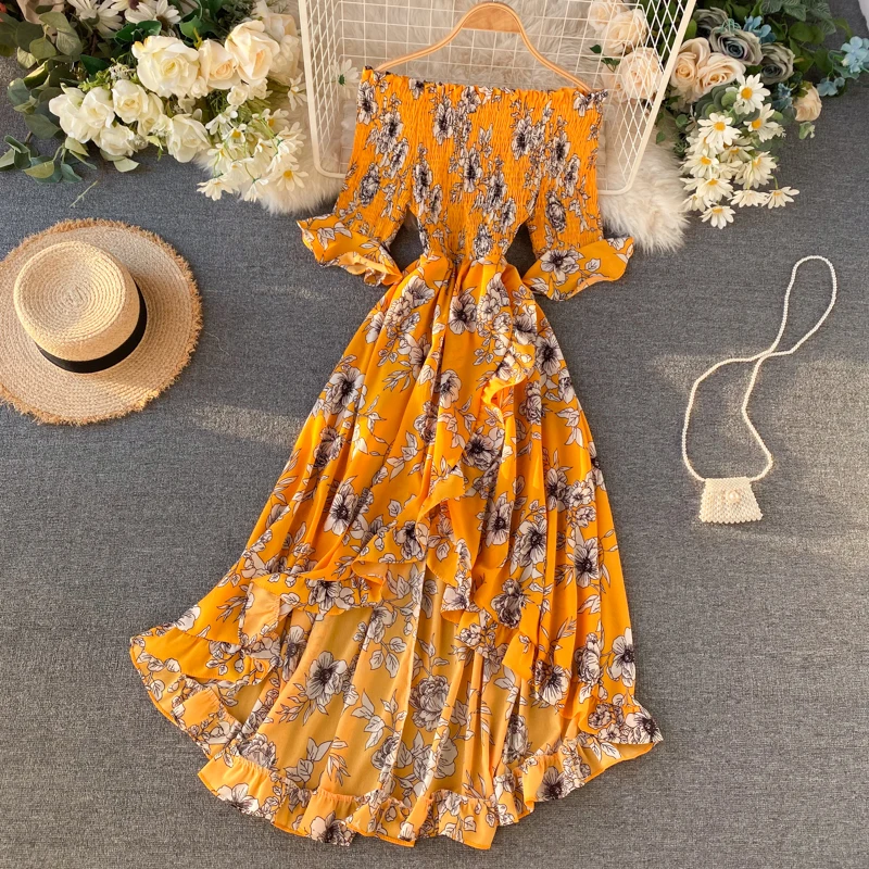

Seaside Holiday Floral Print Dress Women Beach style Slash neck off-Shoulder High Waist Dress Summer Irregular Ruffles Sundress