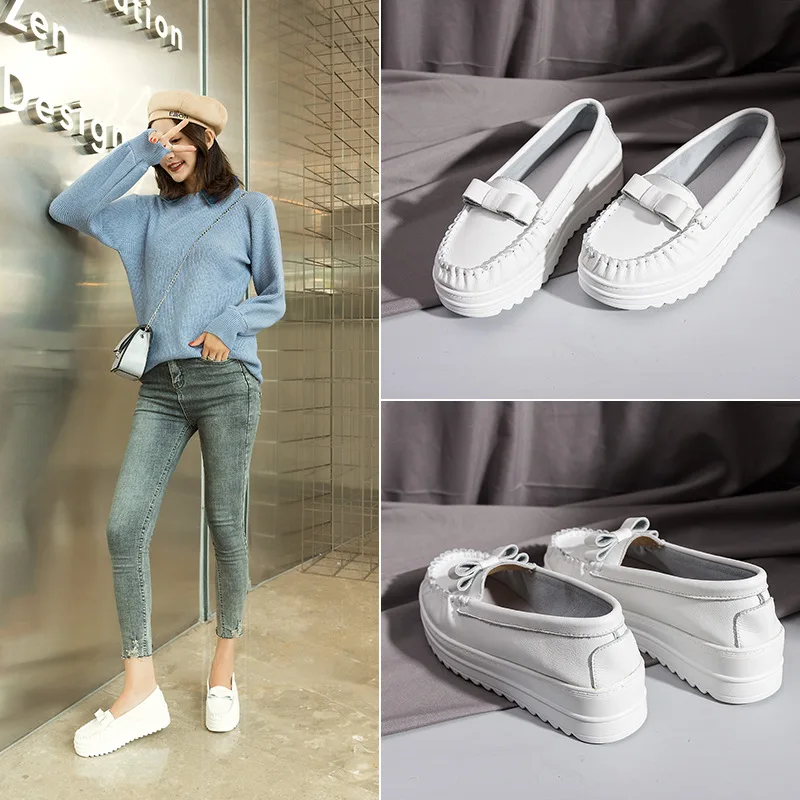 

2021 spring women's shoes new nurse shoes shallow mouth leather Korean casual pure color increased platform white shoes