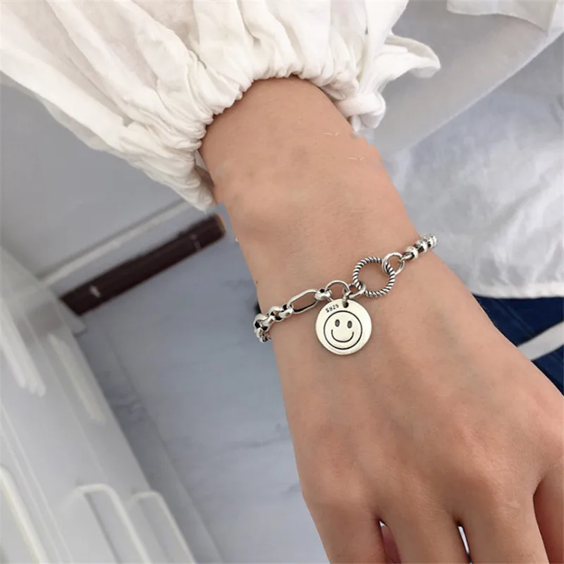 

POFUNUO 925 Silver Korean Style Women Smiling Face Tag Bracelets Girls Hiphop Rock Personality Jewelry Students Punk Bracelets