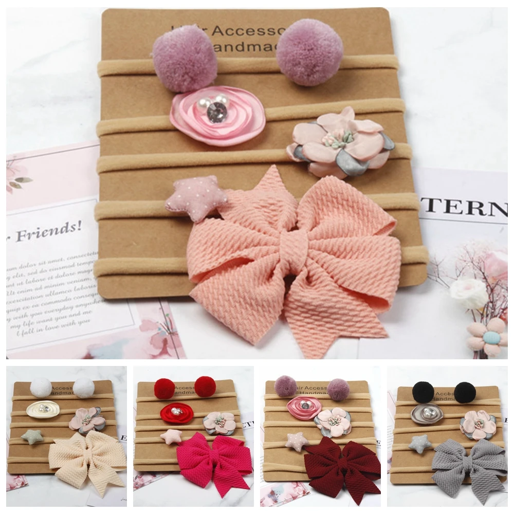 

5Pcs/Set Bows Baby Super Soft Nylon Headdress Flower Elastic Girls Headbands Newborn Headwear Photography Props Accessories