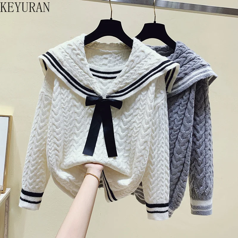 

Preppy Style Couple Sweater Women Fashion Knitted Pullover Girl Sweet Twist Long Sleeve Loose Navy Collar Sweaters Casual Jumper