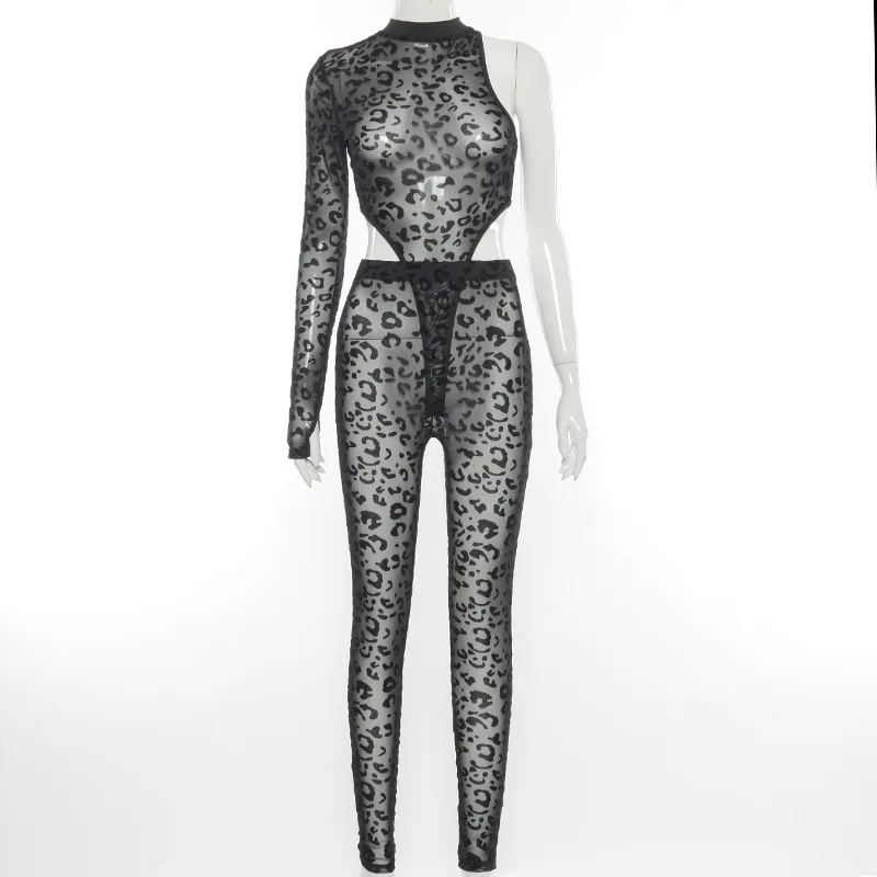 

2021 Spring Leopard Print Irregular Bodysuit + Long Pants 2 Pcs Set Sheer Mesh One Shoulder Party Night Clubwear Clothes