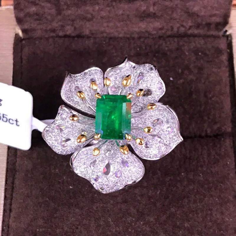 

BLACK ANGEL New Imitation Emerald Big Flower Adjustable Rings Women Pave Inlaid Luxury Gemstone CZ Wedding Silver Jewelry Gifts