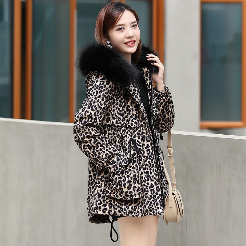 Winter Jacket Women Retro Casual Hooded Down Cotton Parka Coatwomen Leopard  Warm Cotton-padded Coat