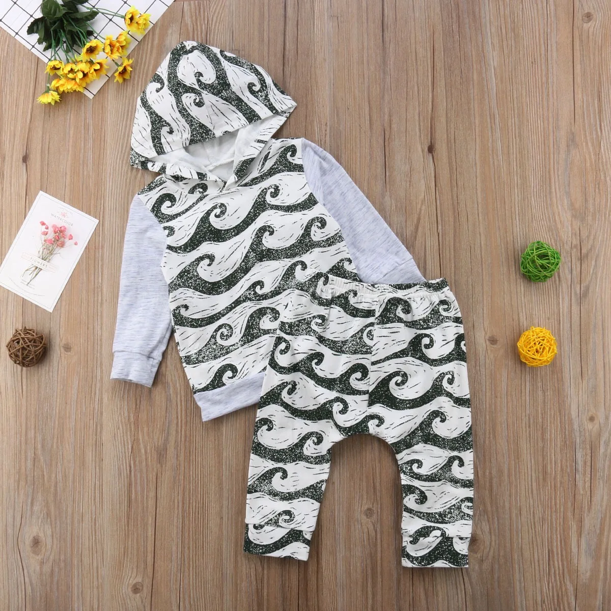 Autumn Long Sleeve Hooded Tops Pants Outfits Wave Cotton Boy Clothing 0-24M 2pcs Newborn Baby Boys Clothes Set |