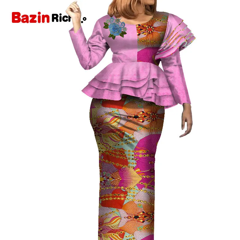 Fashion Patchwork Long Sleeve  Dashiki Skirt Suit African Bazin Fabric Plus Size African Women Skirt Set WY7905