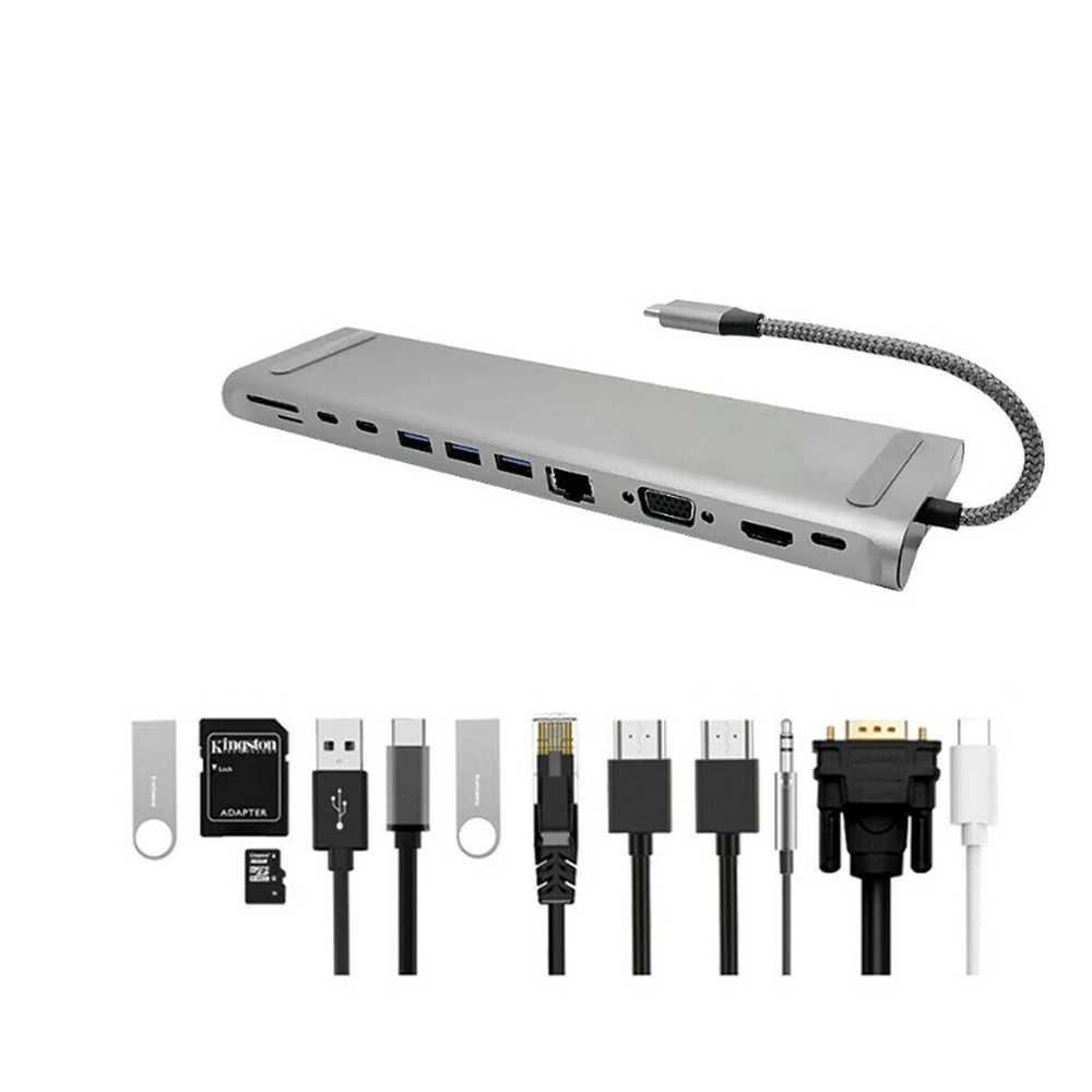 

12 In 1 Type-C Laptop Docking Station USB 3.0 Dual HDMI 4K VGA PD USB Hub Multiport Power Adapter Dongle Support PD Transmission