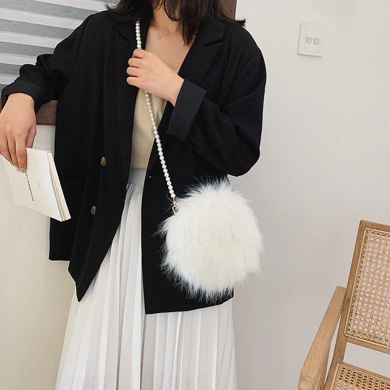 Дамская модная маленькая круглая сумка жемчужный дизайн из искусственного меха