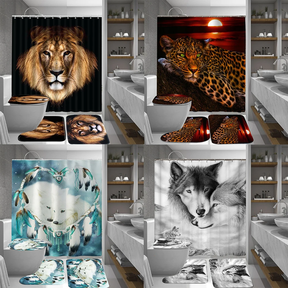 

Водонепроницаемая шторка для душа с рисунком льва волка гепарда, Противоскользящий коврик для ванной, коврик для туалета, домашний декор