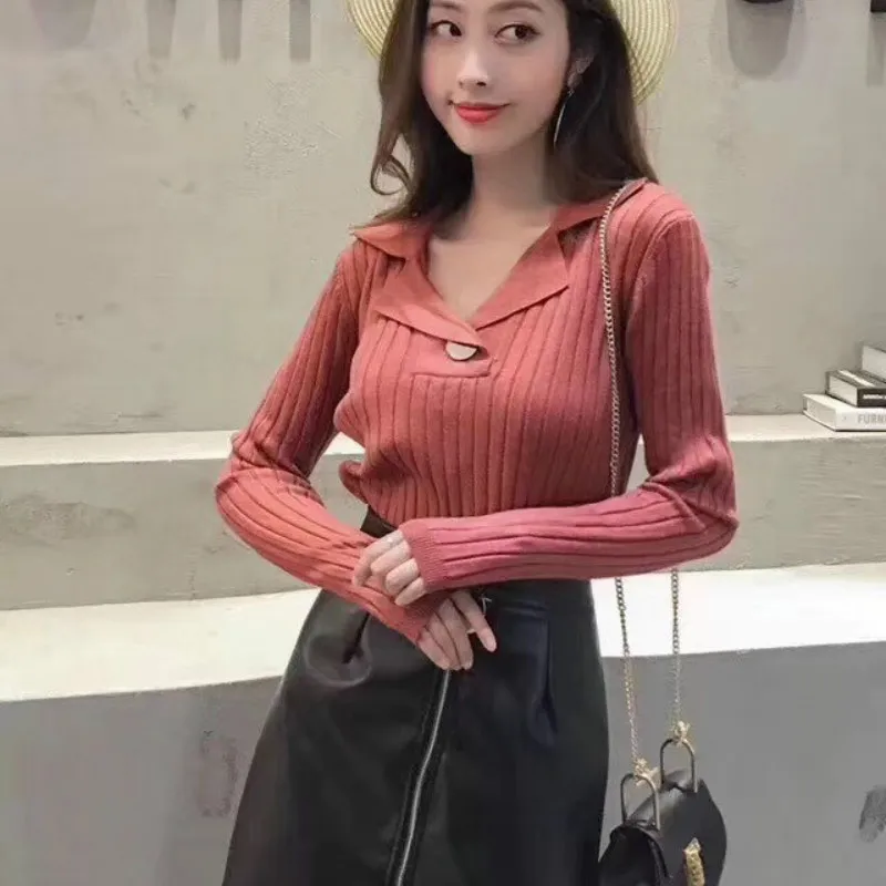 

Autumn Winter Korean Pullover Lapel Button Top Sweater Women's Lapel Knitted Bottoming Shirt Long Sleeve Versatile Solid Color