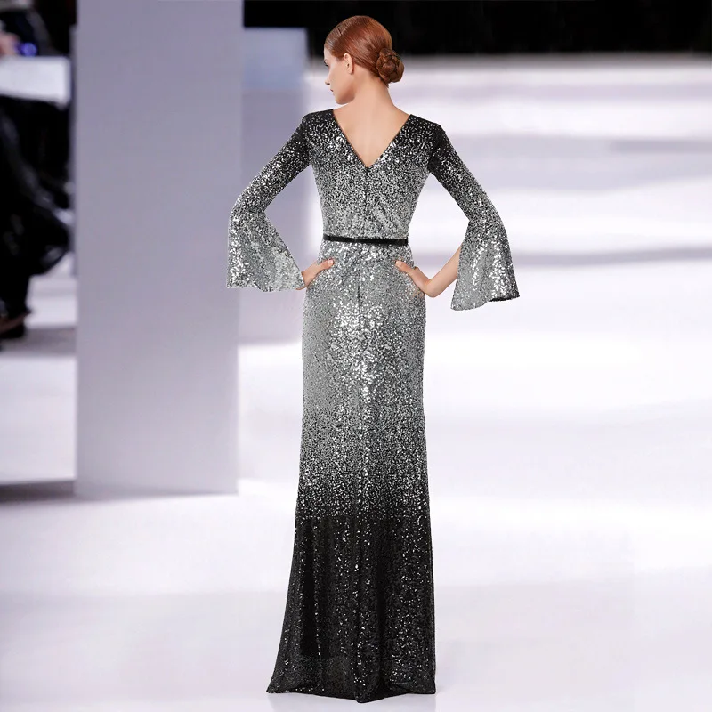 Сексуальные вечерние платья с v образным вырезом и длинным рукавом 2019 элегантные