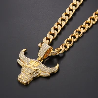 necklace for men women hip hop rapper iced out bling ox head pendant necklace miami big gold cuban chain choker jewelry men gift