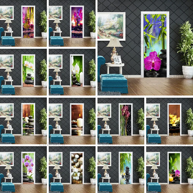 

3D Door Stickers Flower & Plant Home Decor For Door Print Art Pictures Modern Documentary Photo Flowers Art PVC Self Adhes Paper