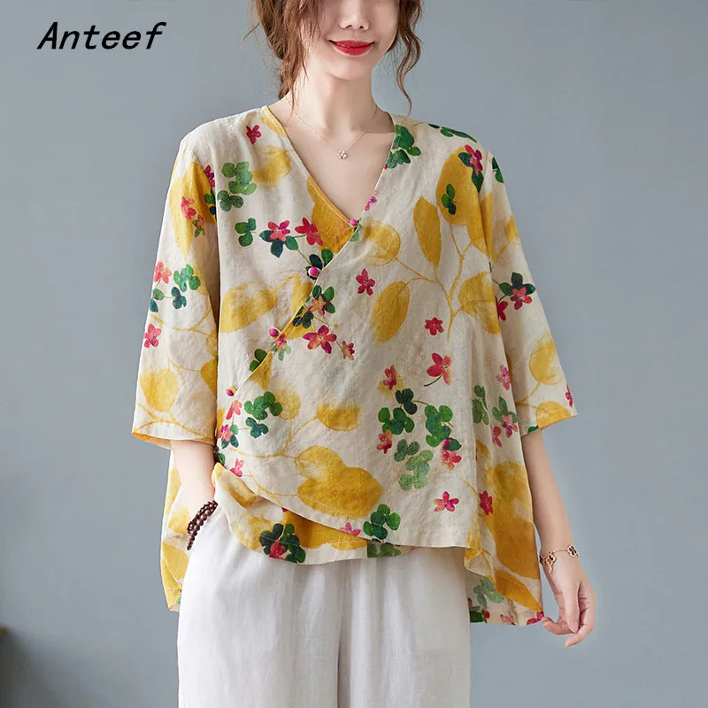 

Модная хлопковая льняная винтажная Цветочная Повседневная Свободная летняя футболка женская футболка 2022 Топ уличная одежда