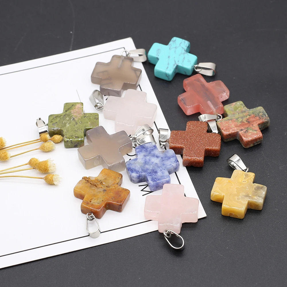 

Natural Stone Cross Pendants Reiki Heal Crazy Agates Turquoises Charms for Jewelry Making Diy Necklace Earring Accessories
