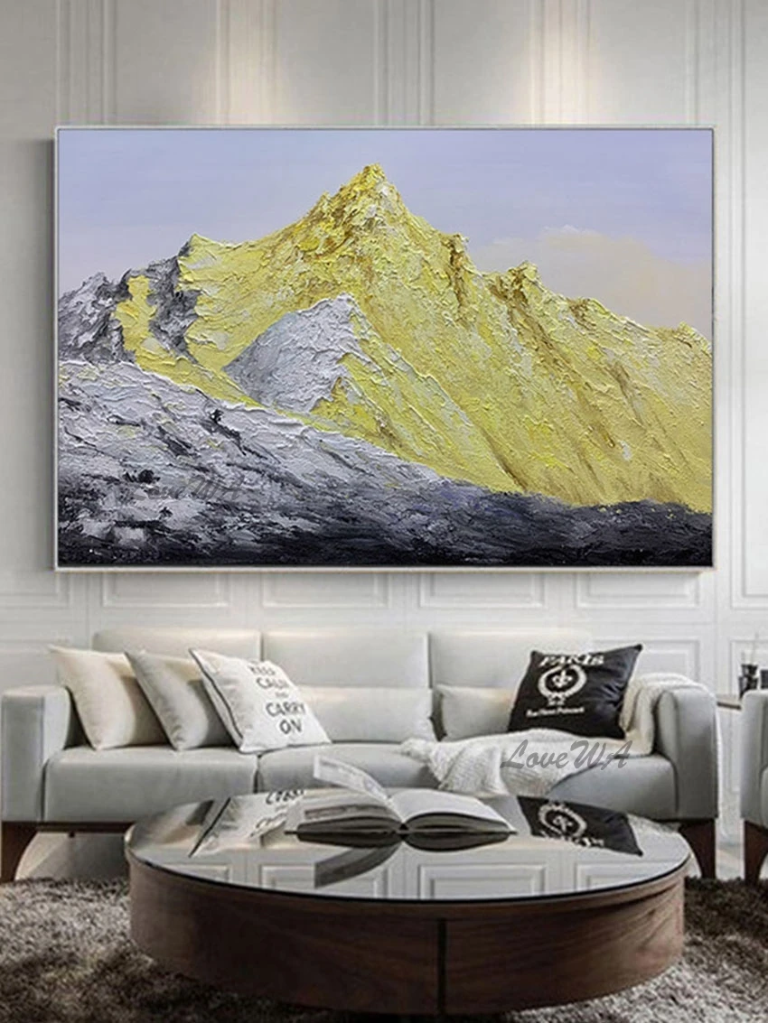 

Картина маслом без рамок, золотистый Горный пейзаж, Большая Картина на холсте ручной работы 100% для гостиной, украшение для дома