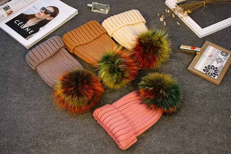 202112-shi winter Real raccoon hair pompon colourful leisure lady Skullies Beanies cap women cool hat | Аксессуары для одежды