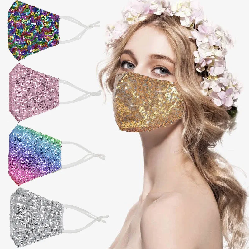 

Trendy Fabric Shiny Sequin Face Masks Can Put PM2.5 Filters Autumn Winter Dustproof Breathable Cotton Mouth Cap Mask Mascarillas