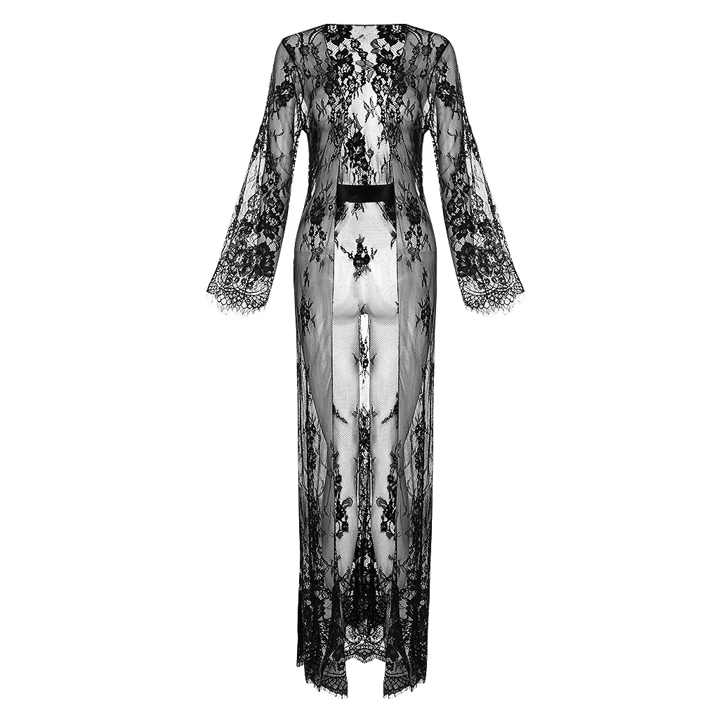 

Women's Sexy Bikini Cover Up Long Sleeve Lace Lingerie Dress Fashion Solid Color Sexy Clothes Perspective Pajama Cover Sleepwear