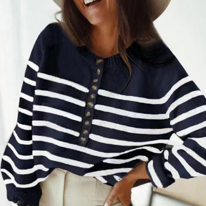 

Women Autumn Striped Pullover Tops Loose Knit Sweaters Fashion Single-Breasted Casual Button Sweater