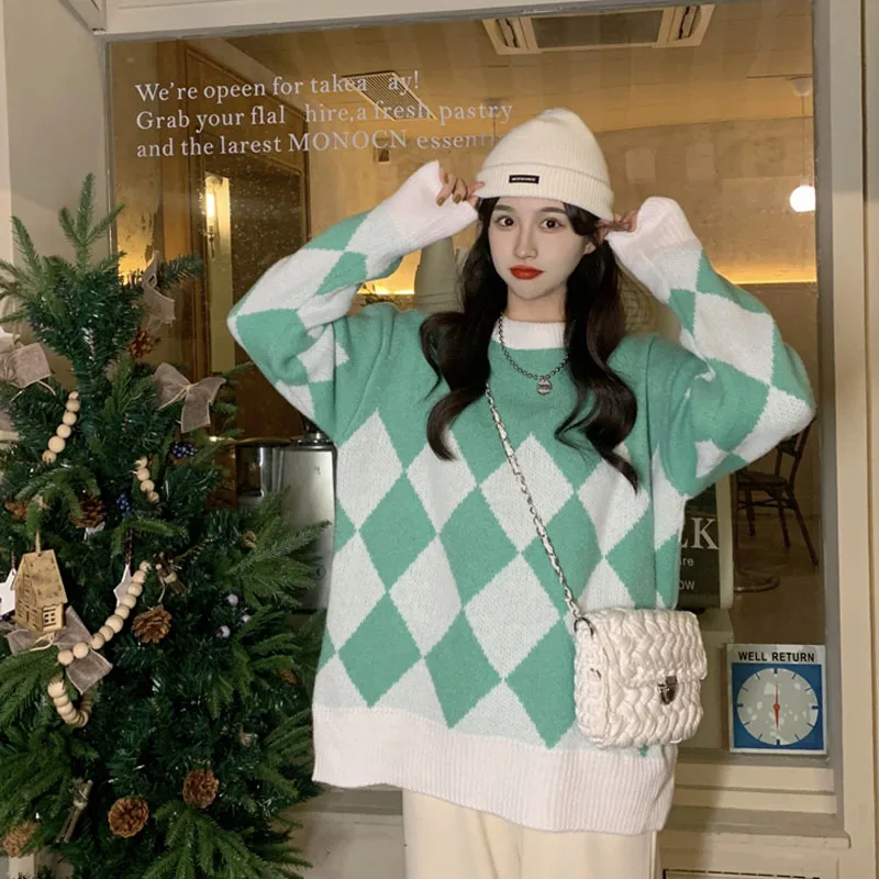 

Женский трикотажный свитер в стиле ретро, свободный трикотажный свитер контрастных цветов, Осень-зима 2021