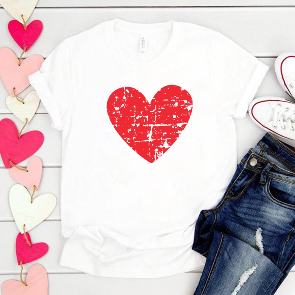 

Женская футболка с принтом сердечек, белая свободная футболка с коротким рукавом и круглым вырезом, топ для пар, 2021