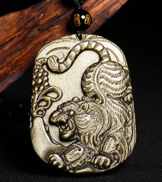 

Натуральный Золотой обсидиан, резной китайский тигр ручной работы, амулет на удачу, кулон + ожерелье с черными бусинами, замечательный мужской подарок, ювелирные изделия