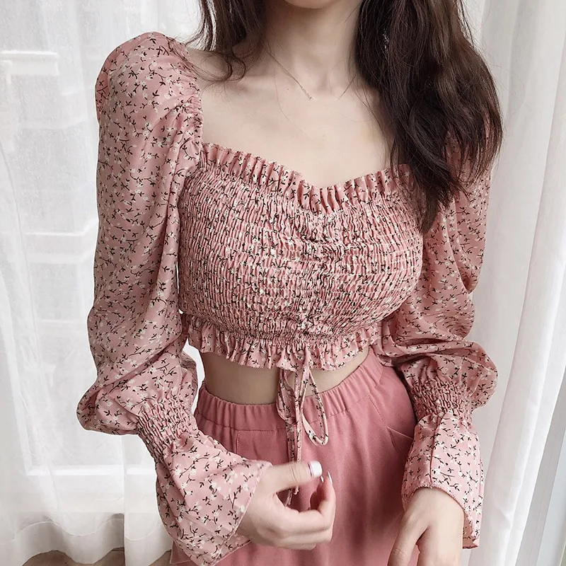 

Square Collar Shirt Female Small Floral Print Long Sleeve Short Blouse Spring Summer Streetwear Chiffon Tops M