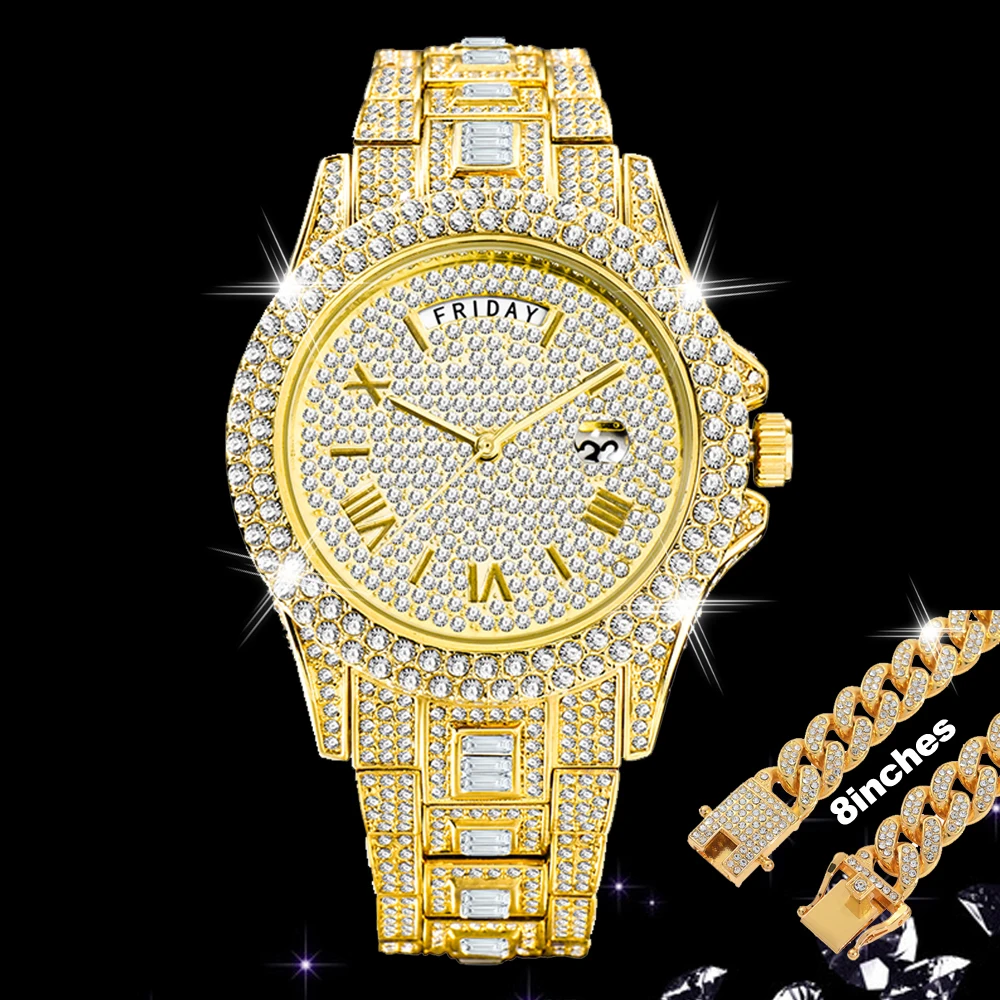 

Часы наручные мужские кварцевые, полностью Украшенные стразами, в стиле хип-хоп, с фианитом AAA, ювелирные изделия из 18-каратного золота, 8 дюймов
