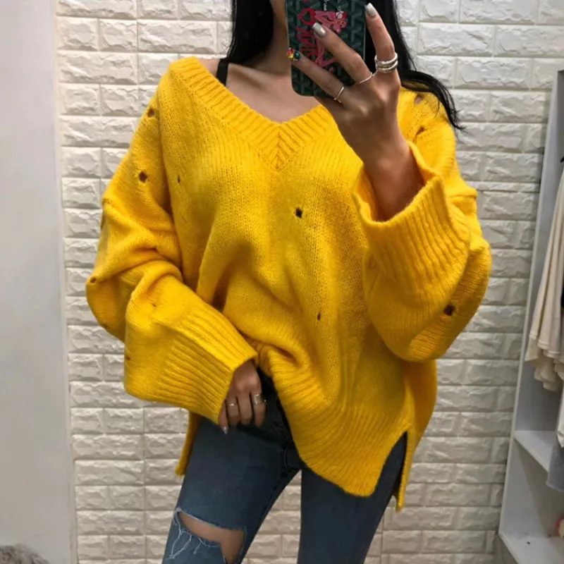 

thicken warm knitting pullover woman knitted jumper Autumn 2020 Hole V-neck Loose sweater female long-sleeve green