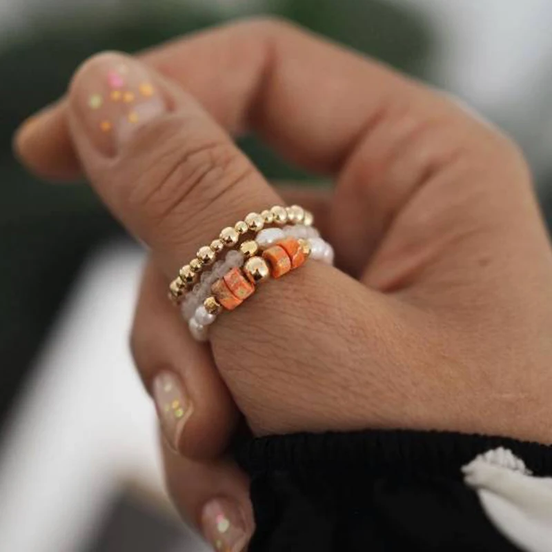 

Кольца ручной работы из натурального камня для женщин, кольца из нержавеющей стали с бисером в стиле ретро, богемное кольцо, корейская мода, ...