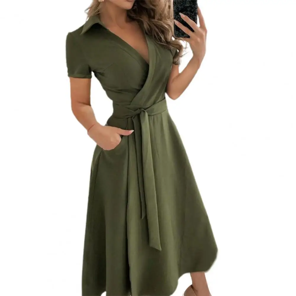 

Fashion Women Dress Turn Down Collar Solid Color Short Sleeve Belt Long A-line Dress for Party