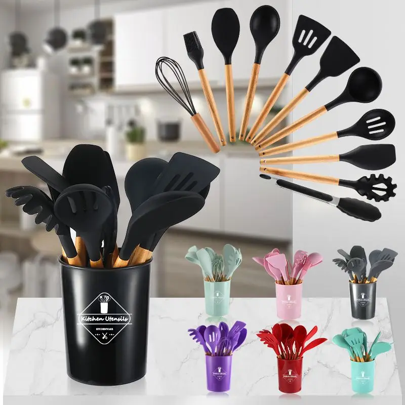 

11pcs/set Kitchen Cooking Utensils Set Non-Stick Silicone Kitchenware Wooden Handle Cooking Tools With Storage Box Kitchen Tools
