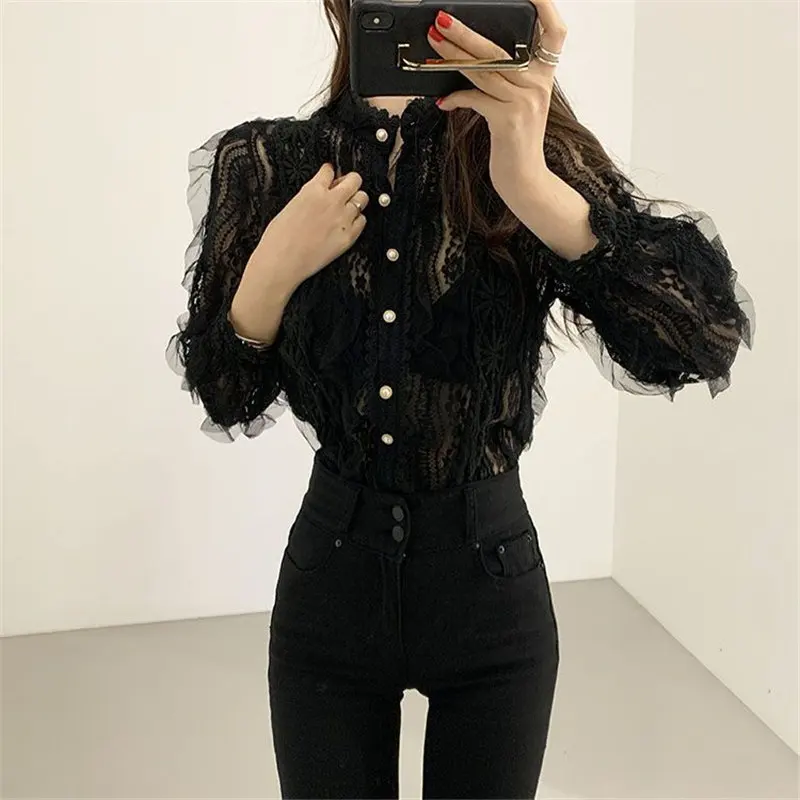 Женская винтажная рубашка в стиле ретро с длинным рукавом и цветочным принтом |