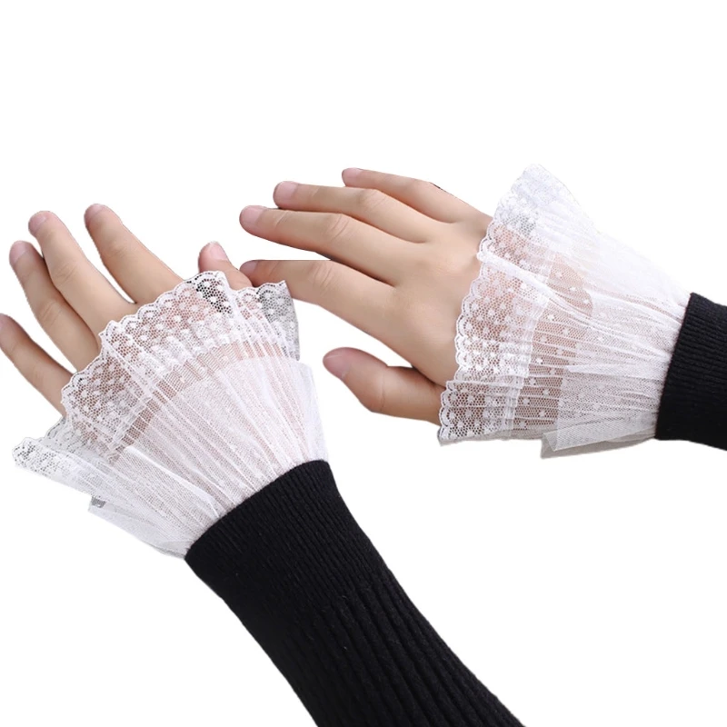 1 Pair Korean Women Girls Fake Flared Sleeves Double Layer Lace Pleated Ruched False Cuffs Wrist Warmers |