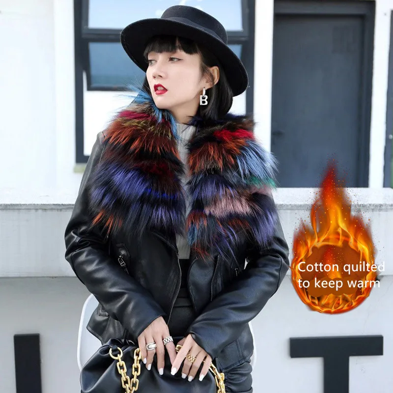 2021 Women Autumn Winter Plus Cotton Jacket Slim Real Fox Fur Collar Short Washed Leather Motorcycle Coat Thick Warm Hipster Top enlarge