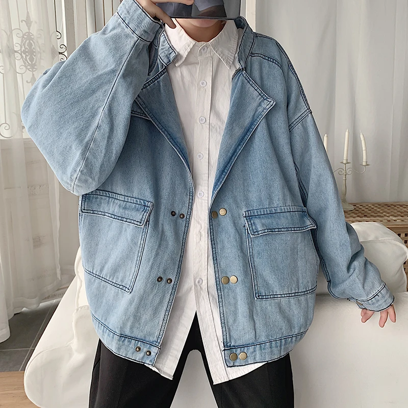 

Новый мужской костюм с воротником модный свободный костюм Повседневная трендовая куртка джинсовая куртка