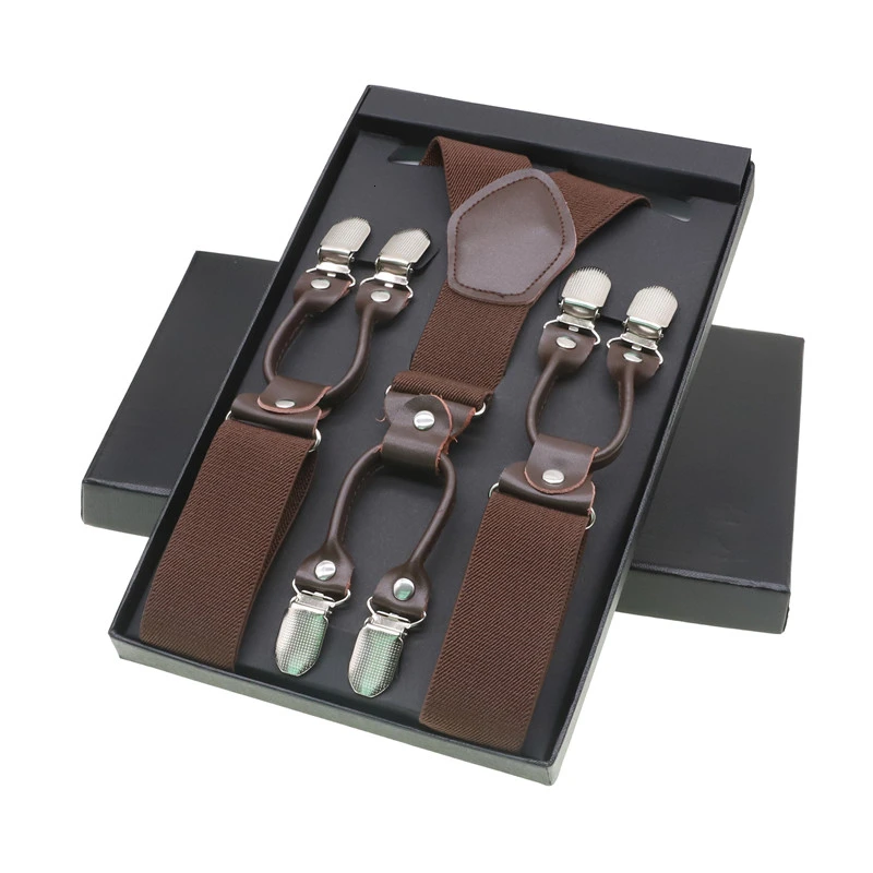 Coffee With Box Мужские модные подтяжки коричневые из натуральной кожи 6 зажимы подтяжек винтажные повседневные брюки в западном стиле регулируемые подтяжки - Цвет: Coffee With Box