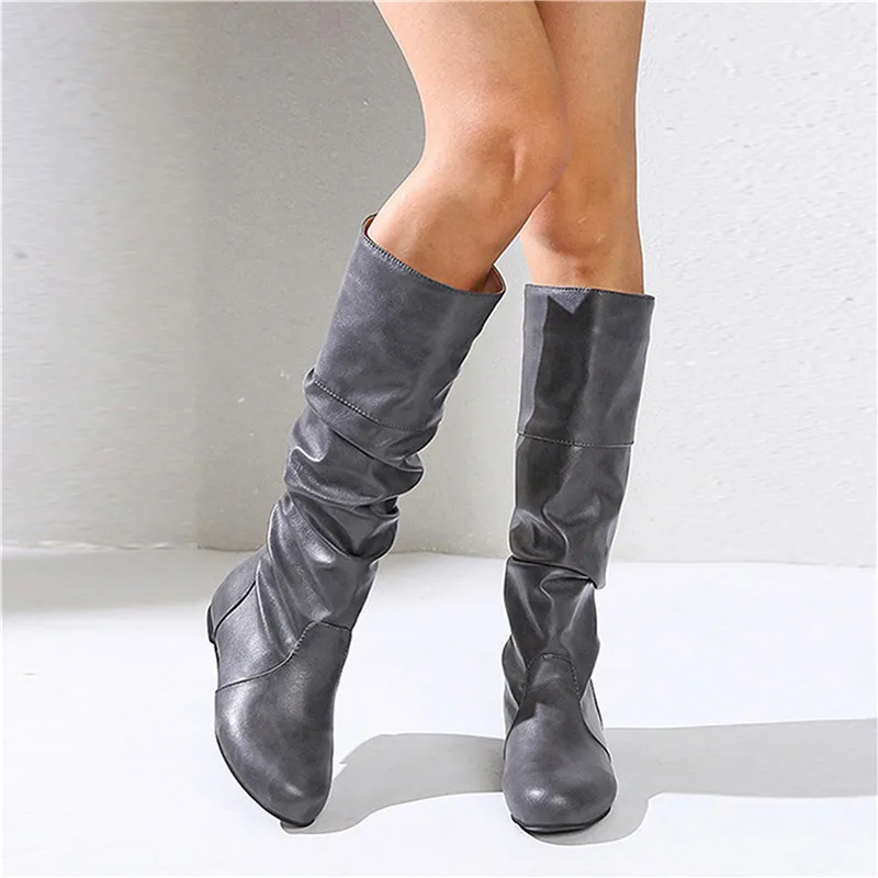 

Женские высокие ботинки из искусственной кожи, модные складные зимние повседневные ботинки без шнуровки на низком каблуке, цвета хаки, черн...