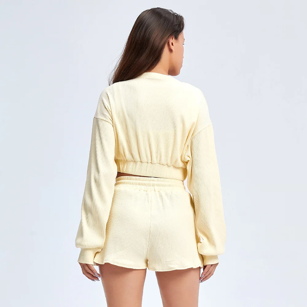 

Women Ribbed Solid Sets For Women Casual Tracksuit Sweatshirts And Shorts Fashion Two Piece Sets Ladies Lace Up Sweatshirt Suits