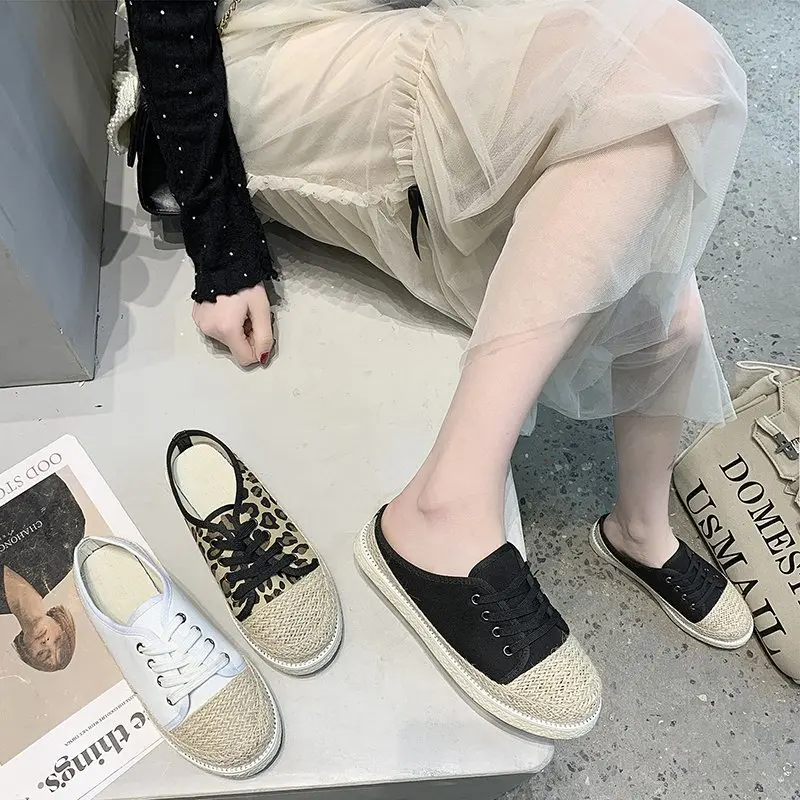 

Shoes Woman 2021 Loafers Female Slippers Low New Soft Flat Fabric Rubber Cross-tied Fisherman PU Basic Slides Cotton Flat Shoes