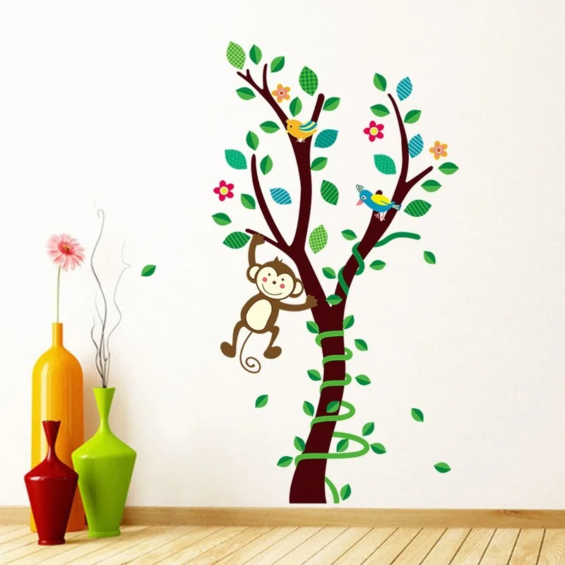 

Cute Monkey on The Tree Wall Stickers for Kids Rooms Baby Nursery Home Decor Cartoon Animal Wall Decal Pvc Art Mural